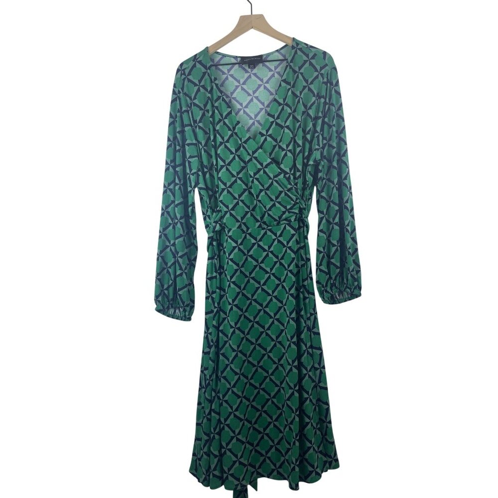 Donna Morgan Womens 24W Faux Wrap Midi Balloon Sleeve Surplice Kelly Green Dress